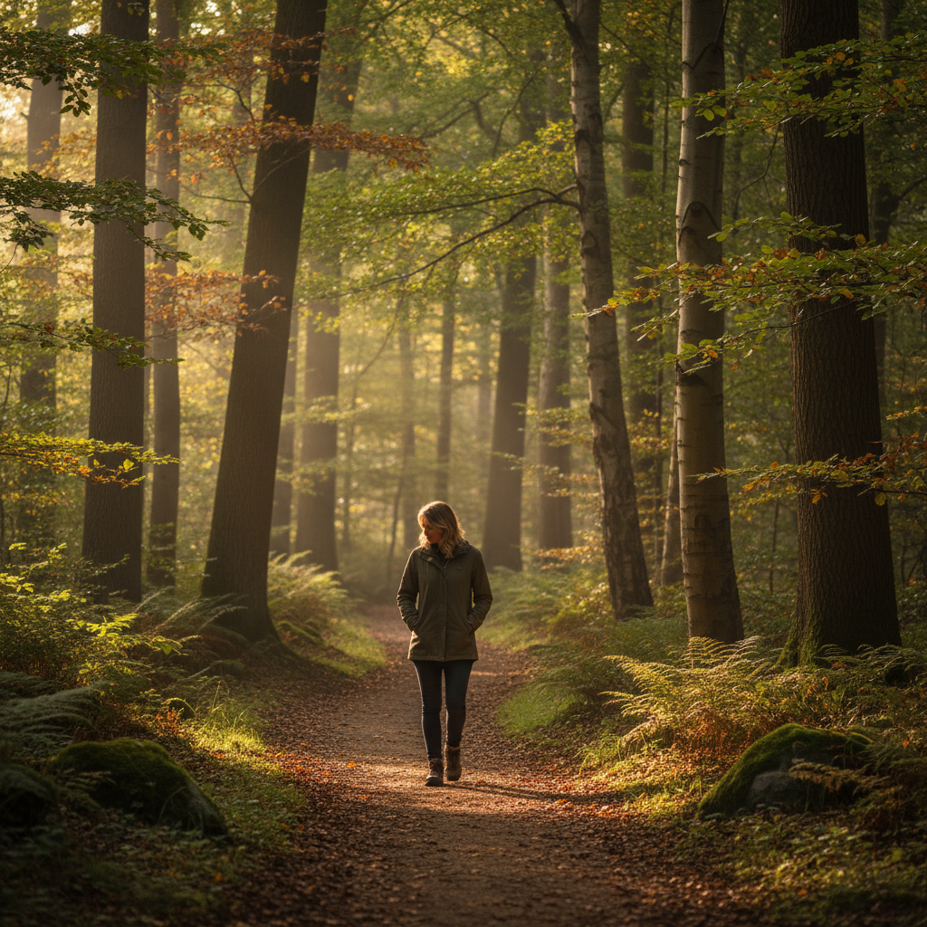Persona caminando tranquilamente por un sendero boscoso con luz filtrada