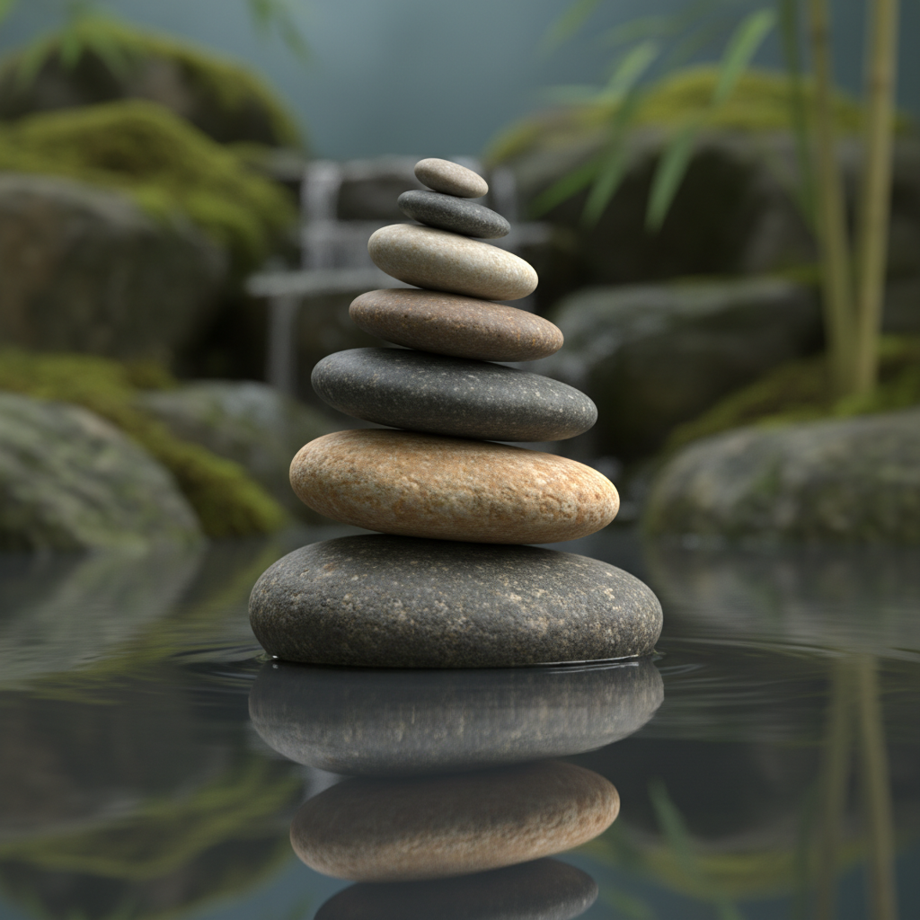 Representación abstracta de equilibrio con piedras naturales en un entorno sereno