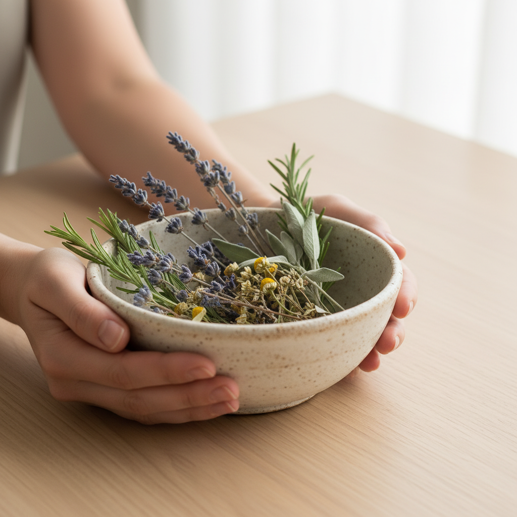 Manos sosteniendo suavemente un tazón de cerámica con hierbas secas